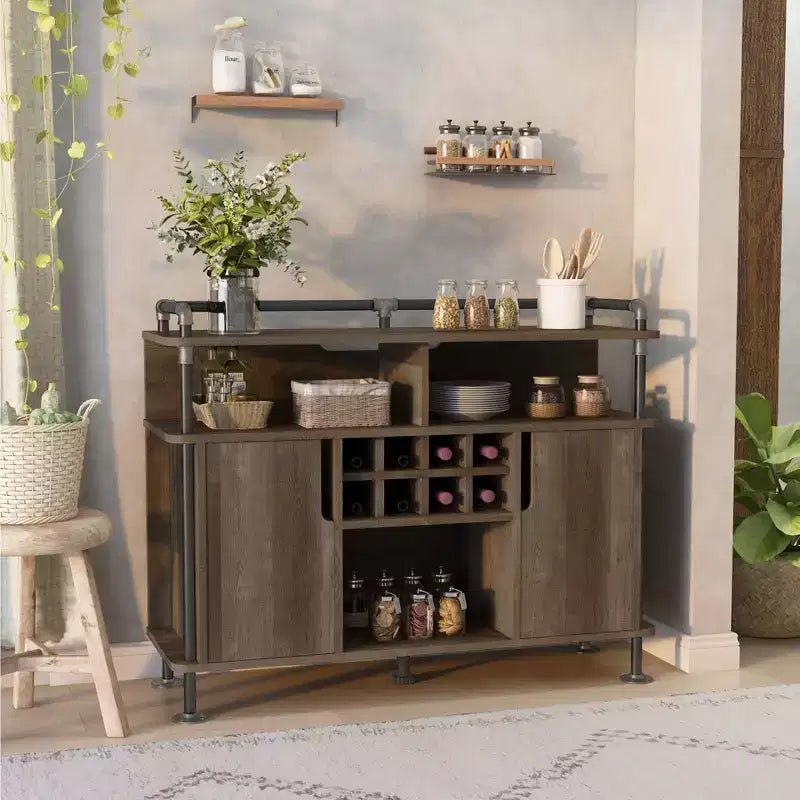Meuble buffet rustique marron avec rangement pour le vin, 1 place assise