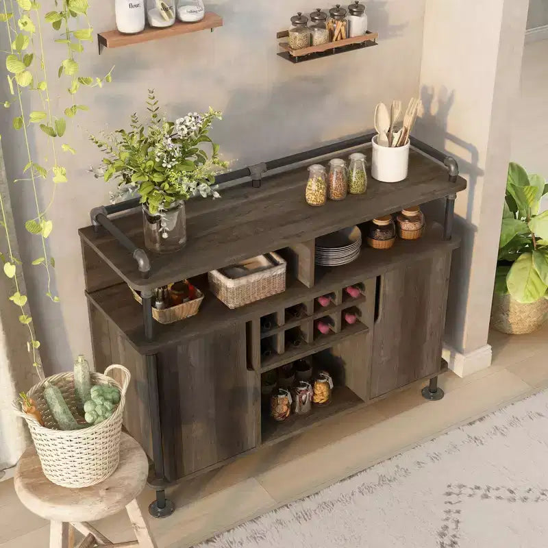 Meuble buffet rustique marron avec rangement pour le vin, 1 place assise