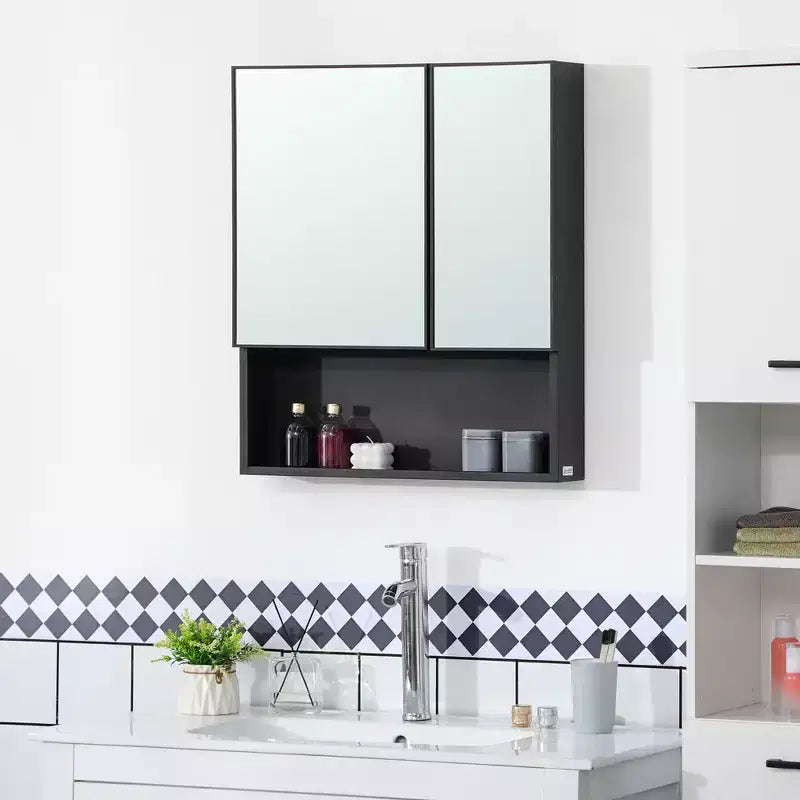 Meuble Miroir Mural Double Porte Noir – 2 Personnes, 2 Étagères