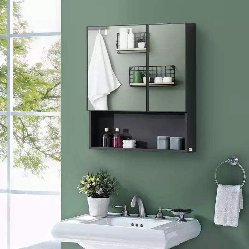 Meuble Miroir Mural Double Porte Noir – 2 Personnes, 2 Étagères
