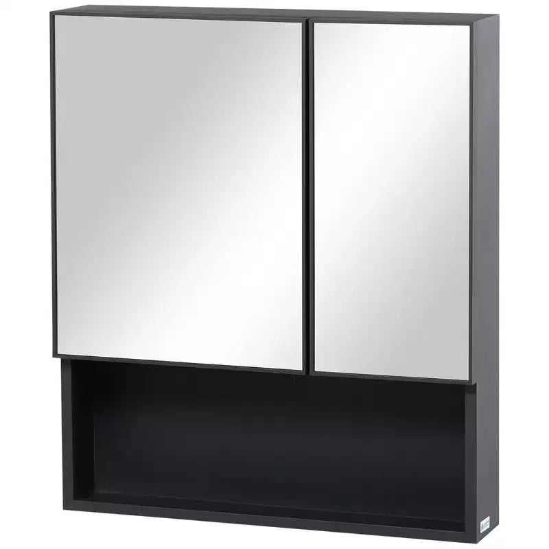 Meuble Miroir Mural Double Porte Noir – 2 Personnes, 2 Étagères
